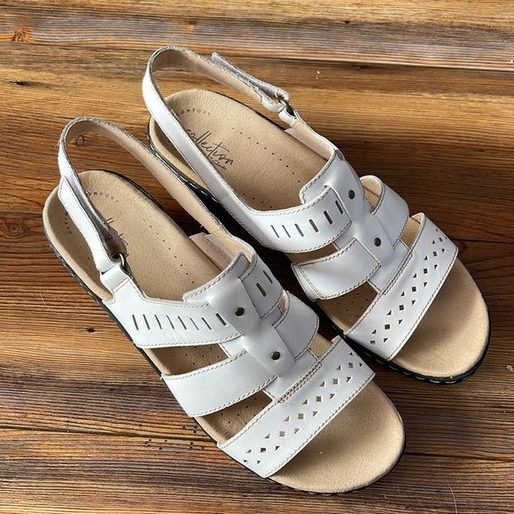 Clarks Shoes - Clarks Lexi Qwin 10 M White Leather Sandals Wedge Heels Velcro Comfort Shoes